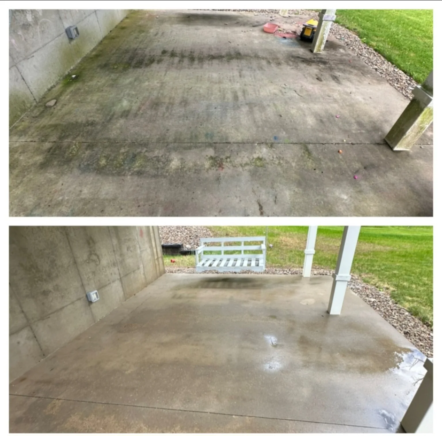 Before and after concrete patio cleaning by NextGen Power Wash