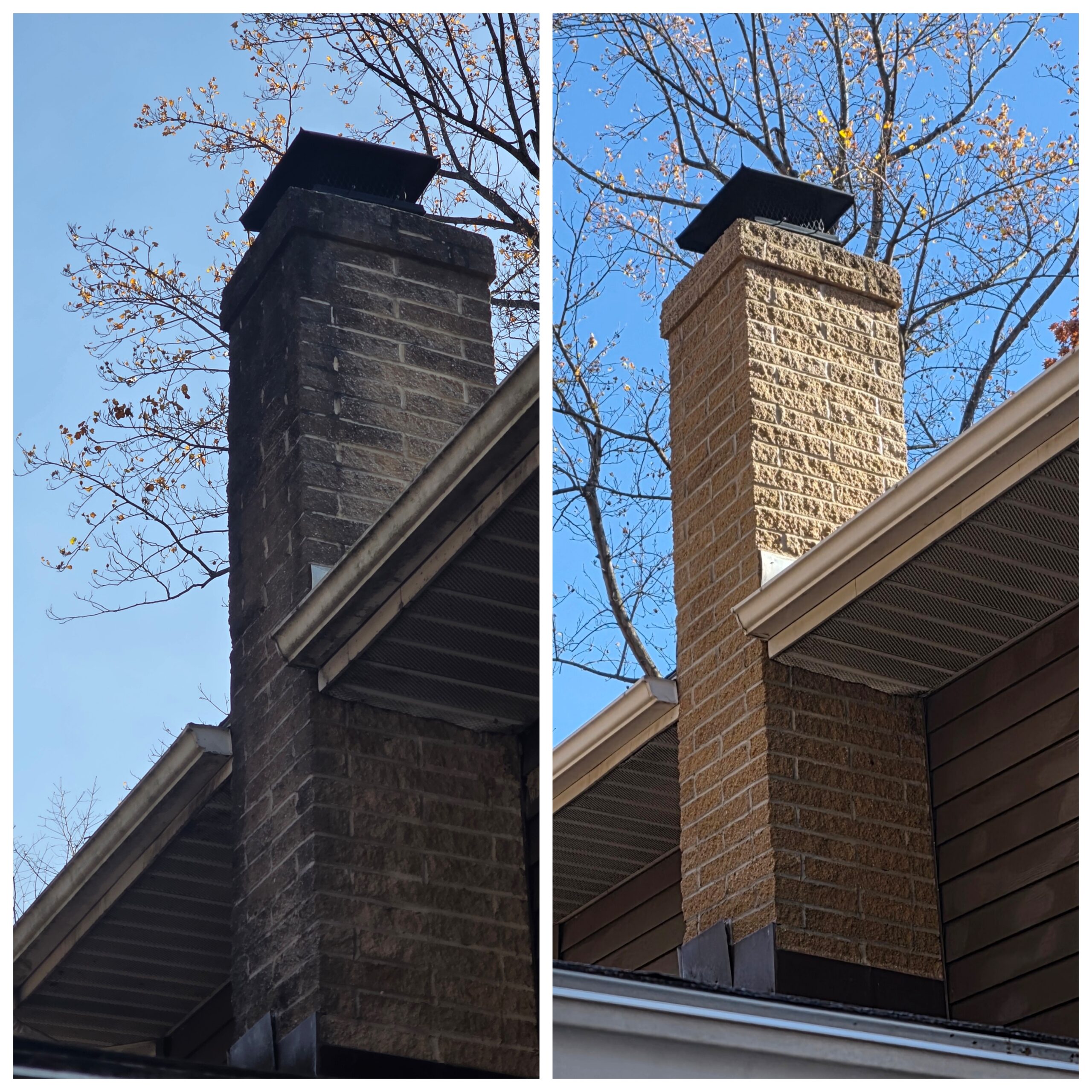 Before and after professional chimney exterior cleaning by NextGen Power Wash LLC